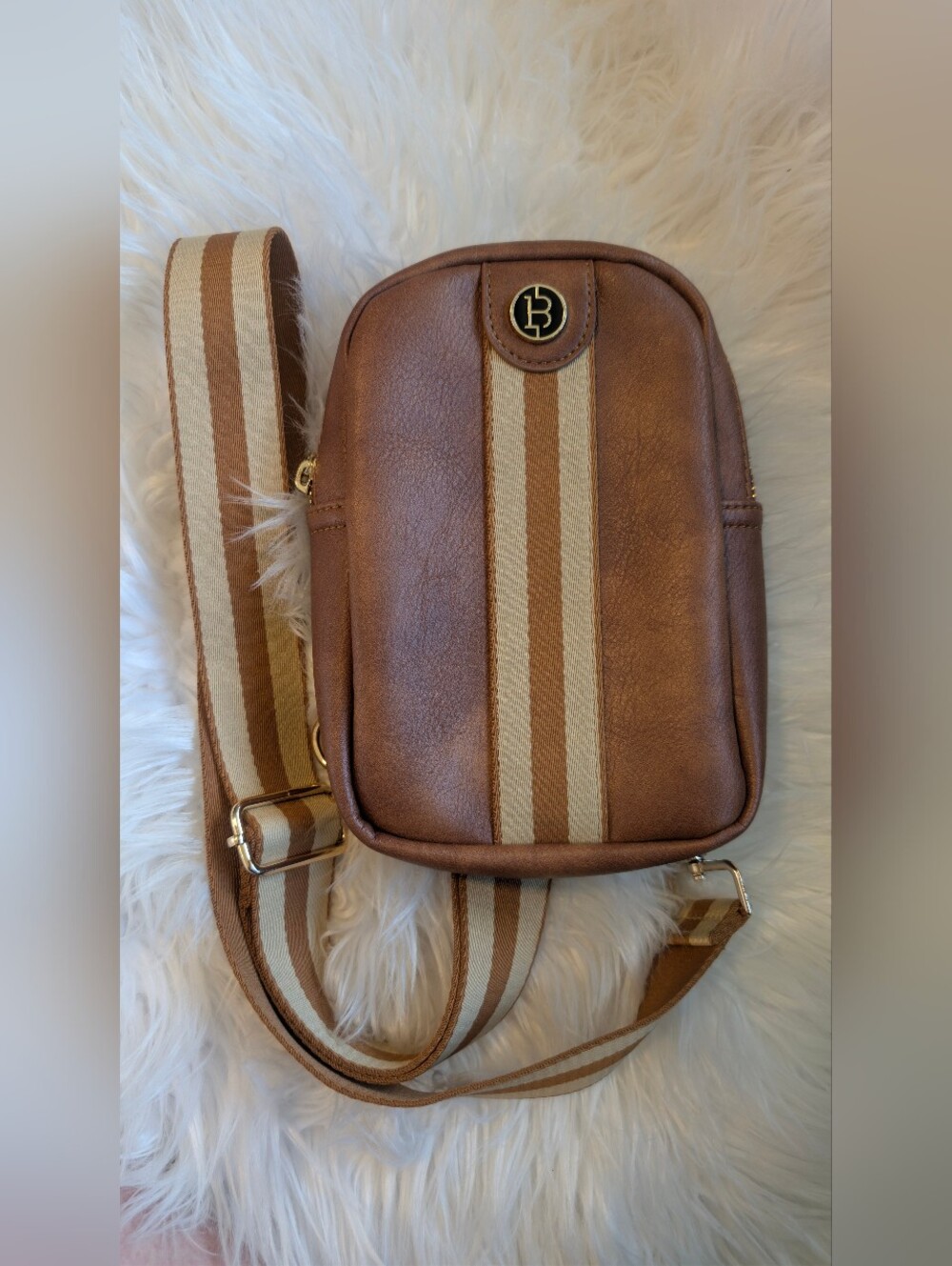 TAN Brown Pleather Crossbody with Center Stripe & Adjustable Strap